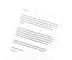 Customer Letter by Matt and Beth Genchur regarding their recent hail storm damage rooofing and siding repair.