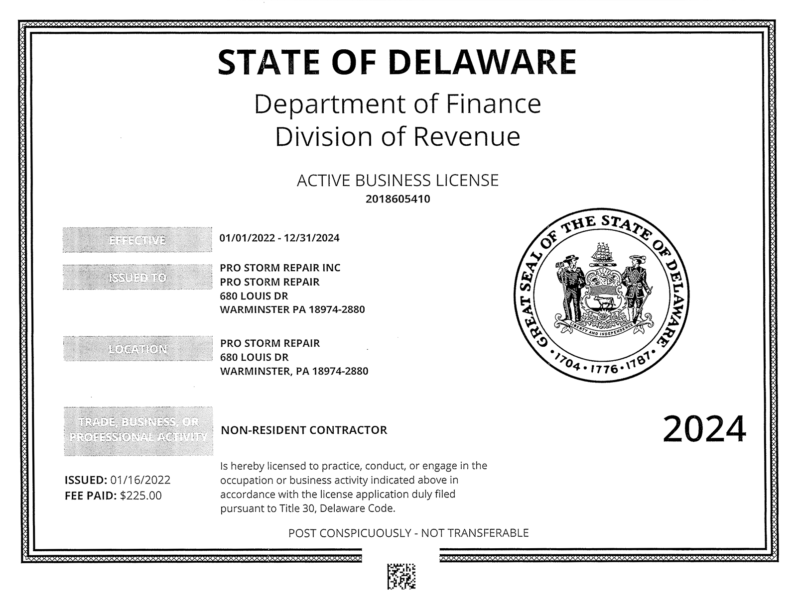 Delaware State Roofing Repair License