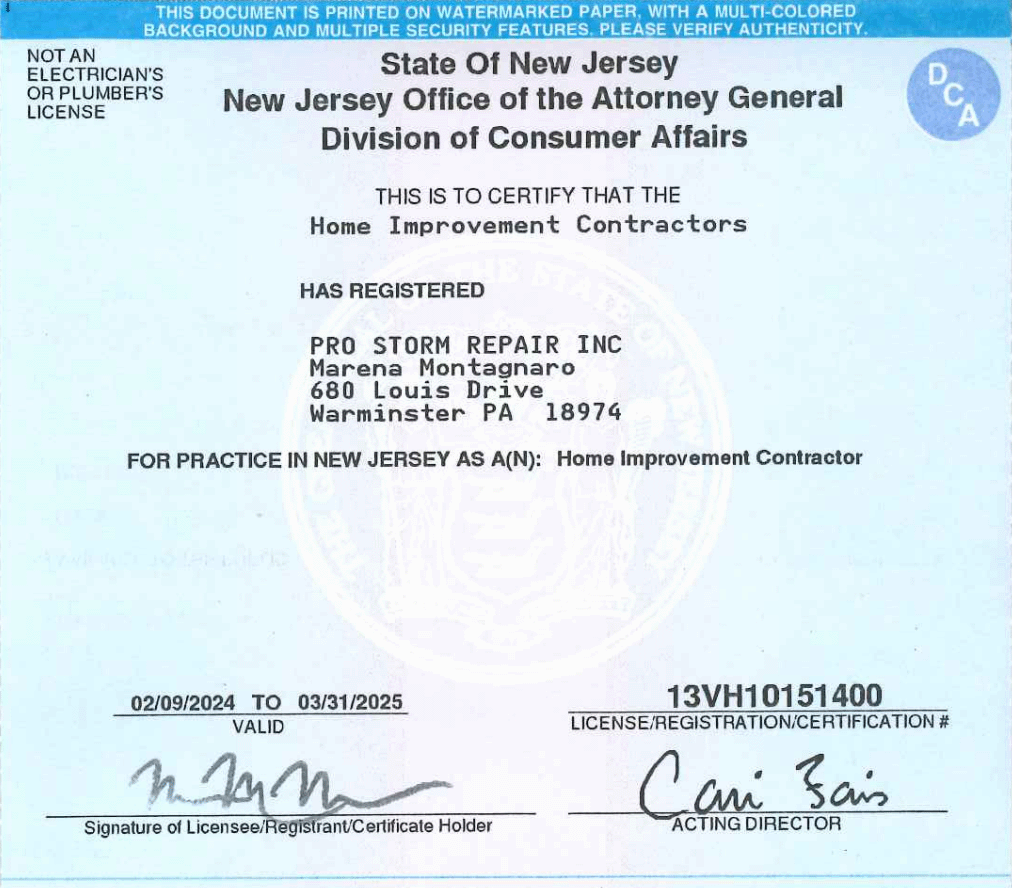 New Jersey State Roofing Repair License