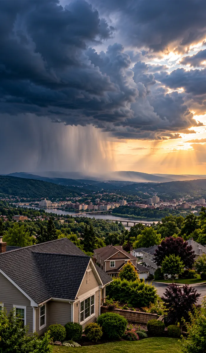 Severe storm clouds approaching a residential neighborhood in the Binghamton region